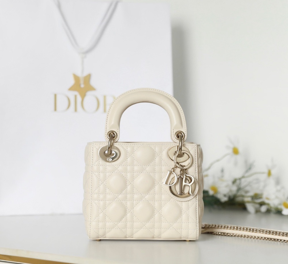 Dior Mini Lady Bag, Cream Cannage Quilted Leather Handbag